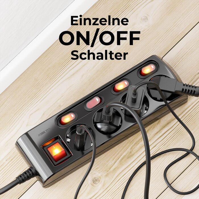 Мережевий фільтр DeleyCON з 4 розетками, індивідуальне вмикання/вимикання, 1.4м кабель, з захистом від дотику, чорний