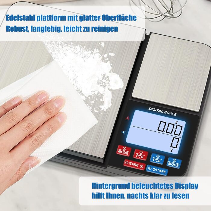 Кухонні ваги Diyife з двома платформами, 10 кг/1 г та 500 г/0.01 г, цифрові, з функцією тарування, підрахунку, автовимкнення, для кухні, ювелірних виробів, випічки та приготування їжі, з батарейками
