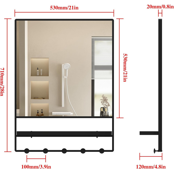 Круглий дзеркало Anyhi 40.6 см без рами, скошений край, для ванної, вітальні, спальні, з монтажем на стіну (Чорний, 71 x 53 см)