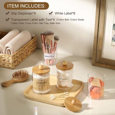 Набір ватних паличок LATERN з бамбуковим кришкою (6 шт.), акриловий диспенсер 10oz для косметики, контейнер для ватних паличок з 12 білими етикетками