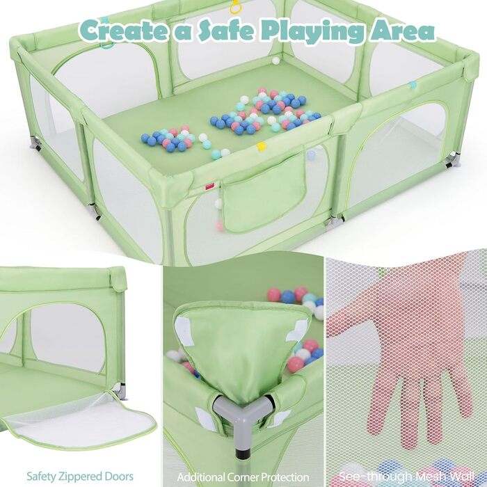LIFEZEAL Playpen Baby 189 x 158 cm, Safety Play Area Children's Playpen with Super Soft, Foldable Baby Playpen made of Oxford Cloth with Handbag, 50 Ocean Balls, 4 Toddler Rings (Green)