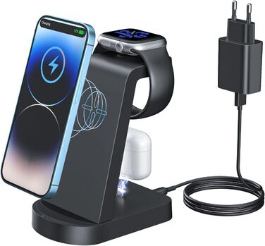 Бездротова зарядка 3 в 1 з адаптером 18W, сумісна з iPhone, Apple Watch, AirPods (чорний)