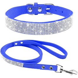 Soft Suede Dog Collar, Shimmering, Sparkling, Elegant, Unique, Embellished with Rhinestones, for Pets, Puppies, Cats, Dogs, Combo Set with Leash (XXS, ) (Dark Blue, XX-Small)