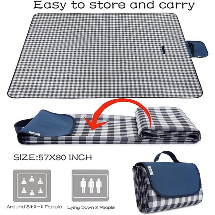 Великий пляжний рушник RUIBOLU для пікніка на 2-4 особи, водонепроникний, швидковисихаючий, для подорожей, кемпінгу, парку, газону (темно-синій в клітинку)