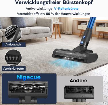 Бездротовий пилосос Nigecue 550W з акумулятором, 45000Pa, 60 хвилин роботи, Smart-дисплеєм, антизаплутувальною щіткою та контейнером 1.5L. Ідеально підходить для твердих підлог, килимів та видалення шерсті тварин.