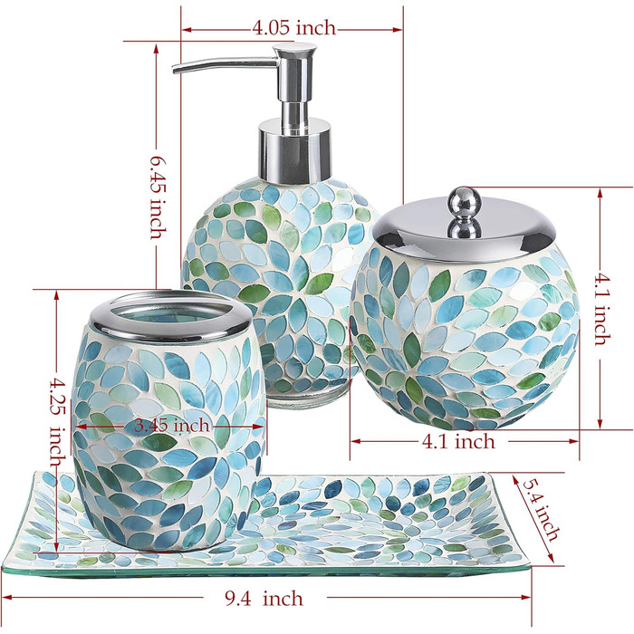 Набір аксесуарів для ванної кімнати KMWARES з мозаїчного скла, 4 шт. (диспенсер для мила, стакан для зубних щіток, піднос для косметики), блакитний, зелений, білий