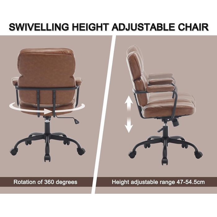 Офісний крісло з штучної шкіри, 360° обертання, регульована висота, ергономічний комп'ютерний стілець з підлокітниками для робочого кабінету/офісу/вітальні, Колір: Коричневий