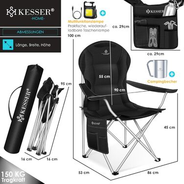 Крісло для кемпінгу KESSER® - складне, до 150 кг, з підлокітниками, високою спинкою, кишенею та тримачем для напоїв, хакі (чорний/чорний)