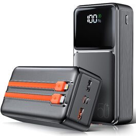 Power Bank 50000mAh з кабелем, швидка зарядка USB-C PD20W/QC22.5W, LED-індикатор, 2 входи/5 виходів, для телефонів, планшетів, подорожей, кемпінгу - Чорний