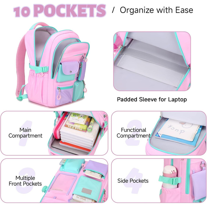 Рюкзак для дівчинки Tanou, великий шкільний рюкзак для підлітків, з тканини Оксфорд, з кількома відділеннями (рожево-зелений)