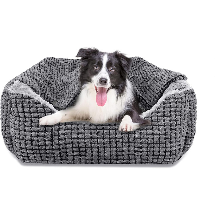 Dog Bed for Medium-Sized Dogs, Dog Basket with Removable Blanket, Corduroy Dog Beds Fluffy Washable, Non-Slip Dog Basket, Dog Sofa with High Edge Fits up to 18kg Pets (76x61x23cm)