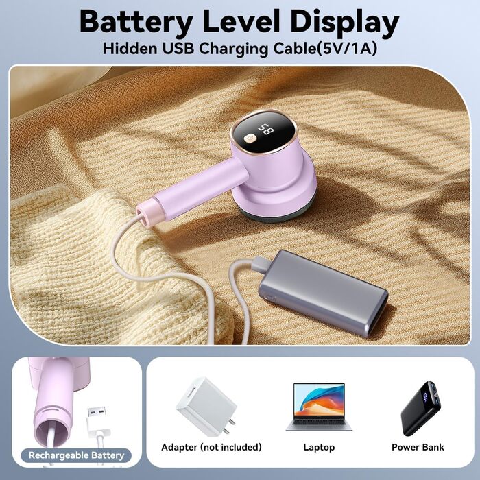 Електричний видалення ворсу з LED-дисплеєм - 6 лез з нержавіючої сталі, 3 швидкості, USB-зарядка. Підходить для одягу, светрів, ворсу на диванах та постільній білизні (білий, рожевий)