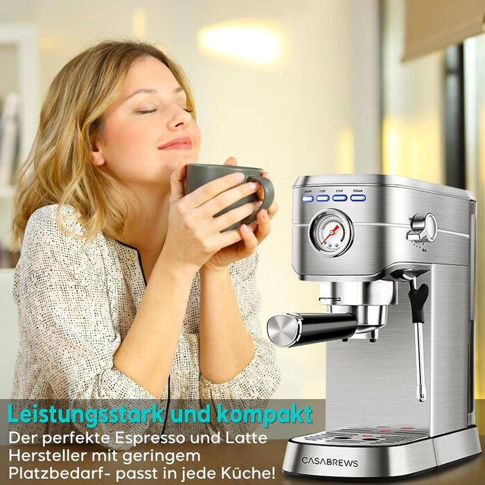 CASABREWS Espresso Machine 20 Bar, Stainless Steel Espresso Machine with Professional Milk Frother, Small Coffee Machine Espresso for Cappuccino, Latte & Macchiato, 1L Water Tank, silver A-silver