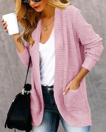 Жіночий в'язаний кардиган Saodimallsu з довгим рукавом, оверсайз, легкий, м'який, з кишенями, оливковий (XL, Рожевий)