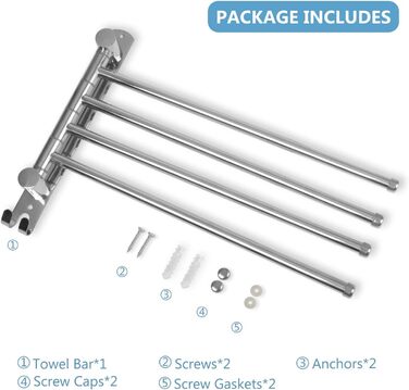 Підставка для рушників JSVER на 360° з нержавіючої сталі, з 4-ма кріпленнями, поворотна, на стіну, для ванної, кухні та гардеробу, срібна