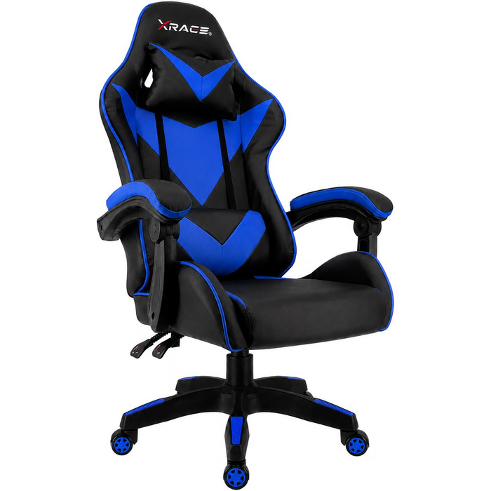 Ігрове крісло xRace Gaming: ергономічний офісний стілець з PU-шкіри та підтримкою попереку, синій (без підніжки)