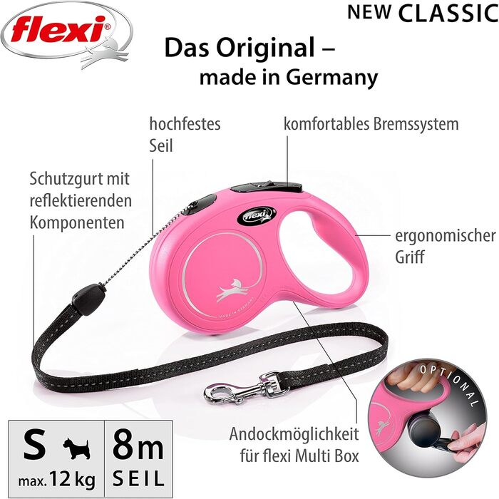 Стрічка для собак Fexi Neon-Hundeeine з світловідбиваючим елементом, ергономічна, не заплутується, 4.8 м, кольори Neon/Чорний (рожевий, Small)