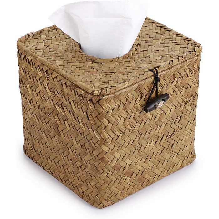 BSTKEY Household Cube, Seagrass Face Towel Box, Decorative Woven Paper Holder, Original Color, Yellow, 35.6 x 35.6 x 33 cm