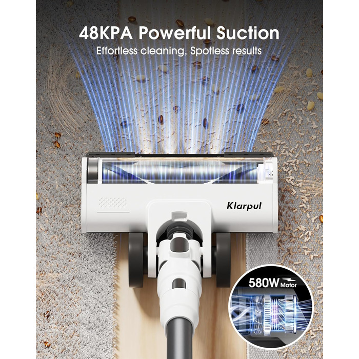 Бездротовий пилосос Klarpul 4800Pa з LED-дисплеєм та антизаплутувальною насадкою, 65 хвилин роботи, швидка зарядка 2 години, для твердих поверхонь та килимів, срібний