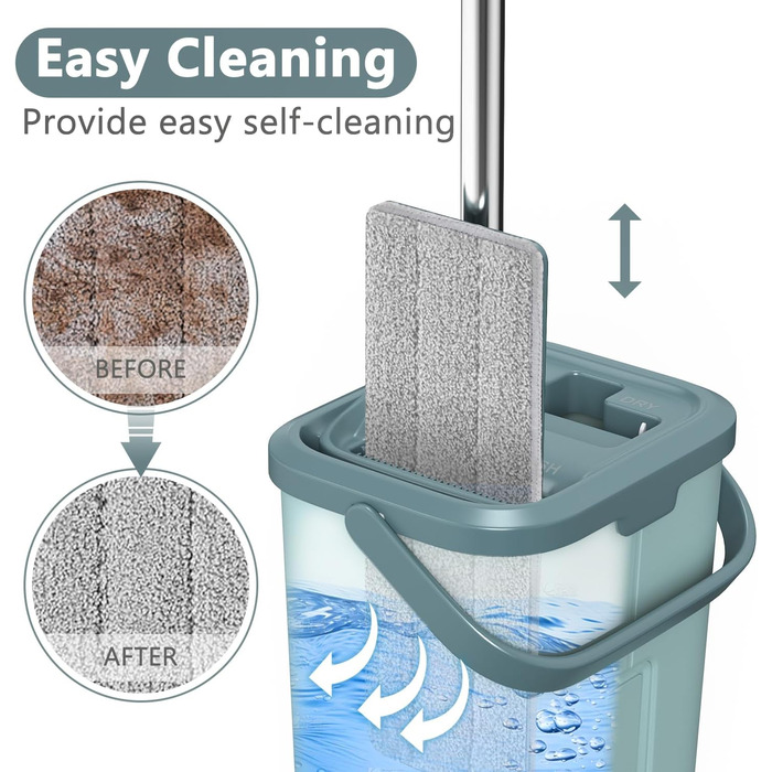 Швабра з відром Aifacay – покращена модель, безкоштовне натискання, гнучкий на 360° наконечник з 3 мікрофібровими накладками, подовжена ручка з нержавіючої сталі 150 см для миття підлоги