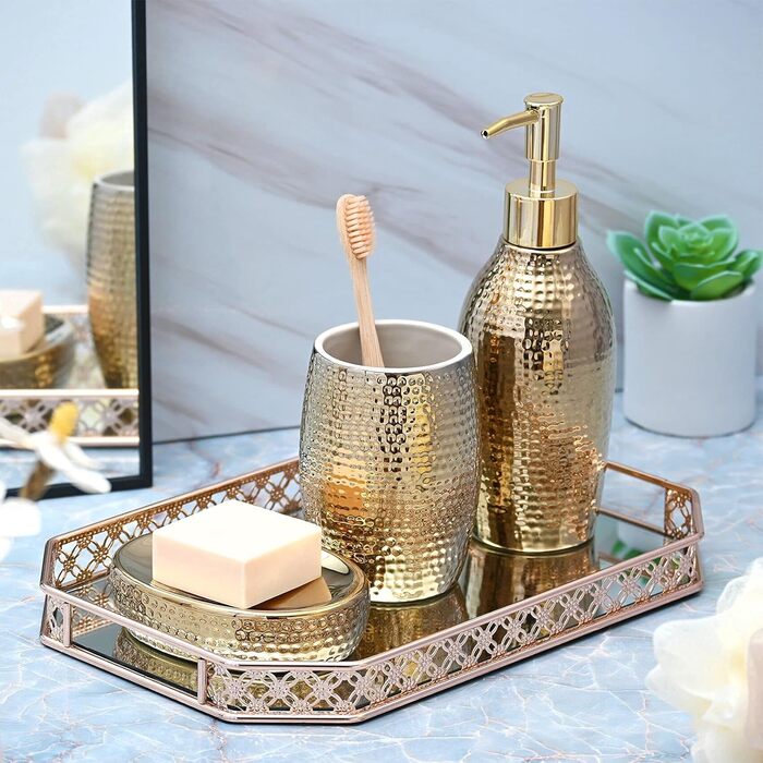 Набір дозатора мила Gold, 3 шт. Керамічний аксесуар для ванної кімнати: дозатор мила, мильниця та стакан для зубних щіток, розкішний дизайн для ванної та гостьового WC