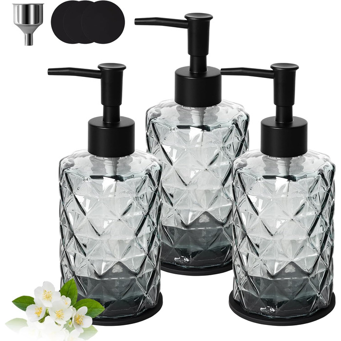 Набір з 3 скляних дозаторів для мила Omtofo, 330 мл, чорний, з нержавіючою сталею, для ванної кімнати