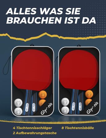 Набір для настільного тенісу Glymnis: 4 ракетки, 8 м'ячів, компактна сумка. Підходить для початківців, сім'ї та професіоналів