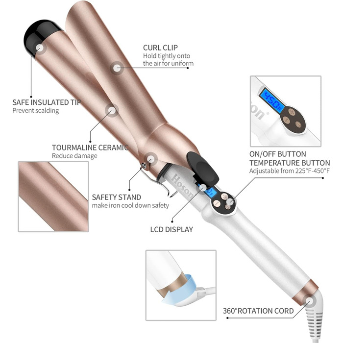 Hoson Lockenstab Pro Curl: Керамічний плойка для волосся з турмаліном, LCD дисплей, 9 температурних режимів, 45 мм, з рукавичкою