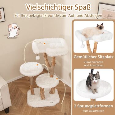 Дерев'яний кігтеточка для котів SOARS з 3-ма природними стовбурами, ліжко для котів та плюшеві поверхні, кігтеточка з іграшковим м'ячиком та джутовим мотузком, багатоповерхова, 59 x 49 x 110 см, білий колір
