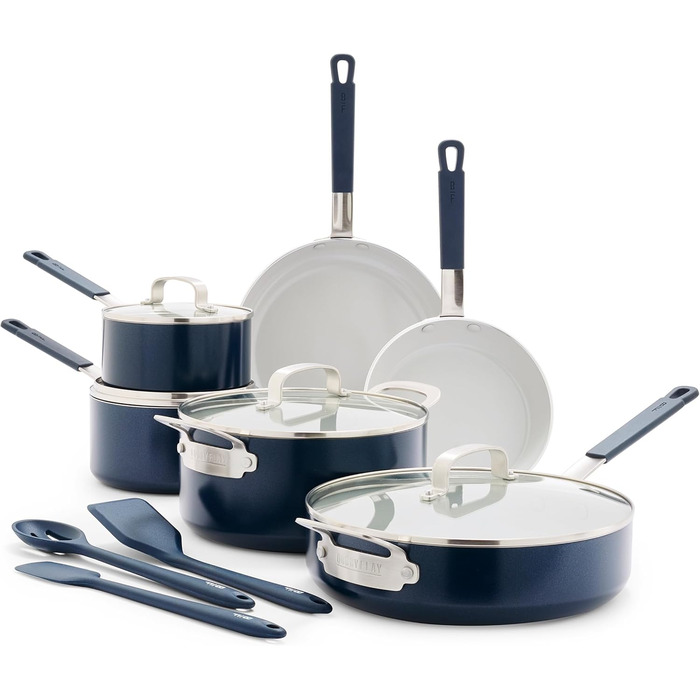 Набір кухонного посуду GreenPan x Bobby Flay 13 предметів: професійне алюмінієве покриття, антипригарне (PFAS-free), індукційні плити, силіконові ручки, безпечне для посудомийної машини та духовки, сірий (Графіт/Nature's Delight), блакитний Оксфорд