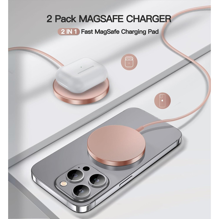 Бездротовий зарядний пристрій MagSafe для iPhone, 15W, 2 шт. (кабель 1.5 м), оригінальна заміна, рожевий
