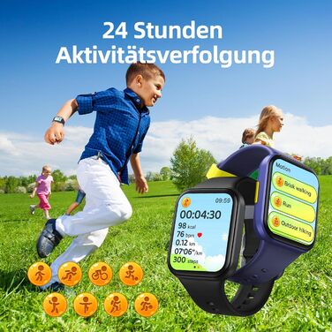 Дитячий розумний годинник Parsonver, 1.69' - фітнес-трекер з пульсометром, монітором сну, IP68, 20 спортивних режимів, для дітей 6-12 років, чорний