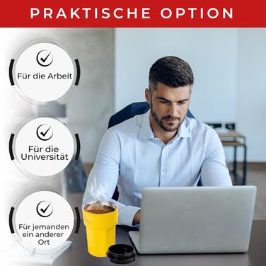 Термокружка 350 мл з кришкою, що не пропускає, з нержавіючої сталі для кави, чаю та напоїв на виніс (Жовтий)