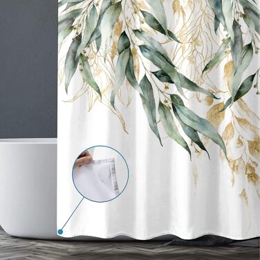 Штора для душу M&W DAS DESIGN з поліестеру, листя зелено-золоті, водонепроникна, з кільцями, 180x200 см
