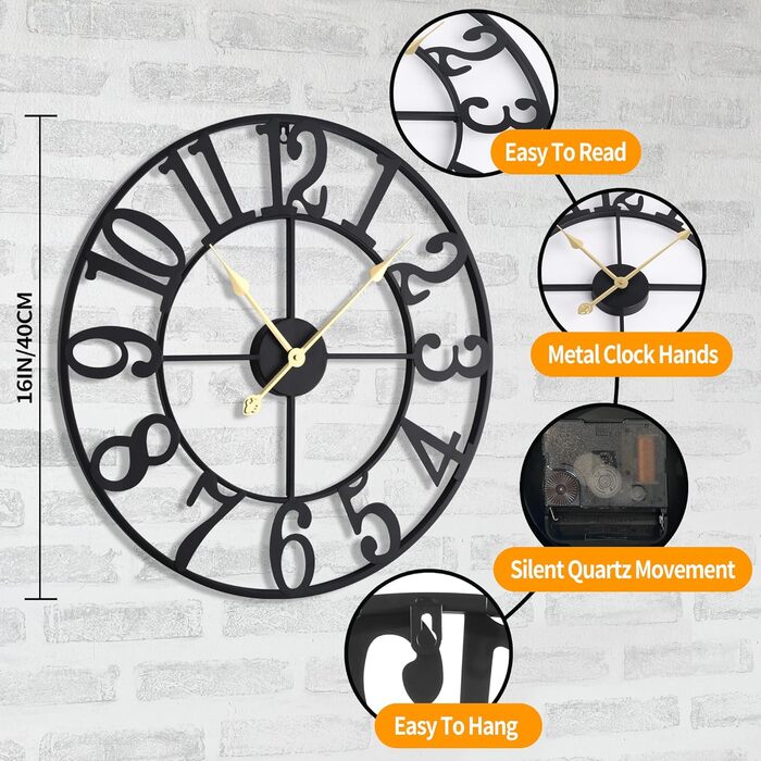 HAITANG Large Vintage Wall Clock, round, metal silent (no ticking), battery-powered, 40cm, 16 inch Roman numerals, clocks for living room, bedroom, kitchen wall clock decoration (Black Arabic numerals, 40 Cm)
