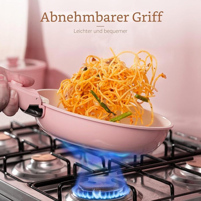 Набір посуду Astercook з керамічним антипригарним покриттям, 21 предмет, зі знімними ручками, для індукційних плит та духовки, рожевий