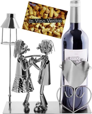 BRUBAKER Wine Bottle Holder, Loving Couple with Lantern for Tealight - Metal Sculpture Bottle Stand - 26.5 cm - Wine Gift for Couples, Pair Gift - with Greeting Card