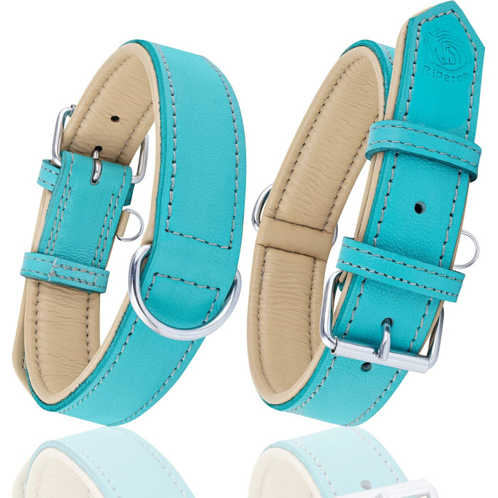 Riparo Genuine Leather Adjustable Dog Collar with Additional Reinforcement (: 4.5CM Wide for 53.4CM - 63.5CM Neck, ) (L, Aqua)