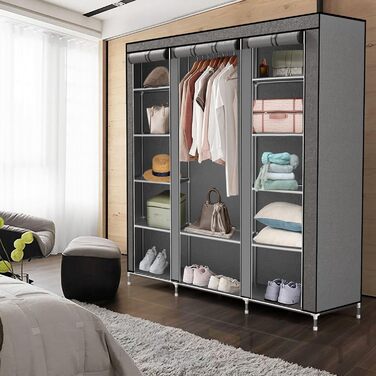 INTIRILIFE Folding Wardrobe 150x175x45 cm - with Zipper Fabric Wardrobe Closet with Clothes Rail, Compartments and Side Pocket - Camping Pop-up Storage Cabinet Textile Wardrobe (Ash Grey)
