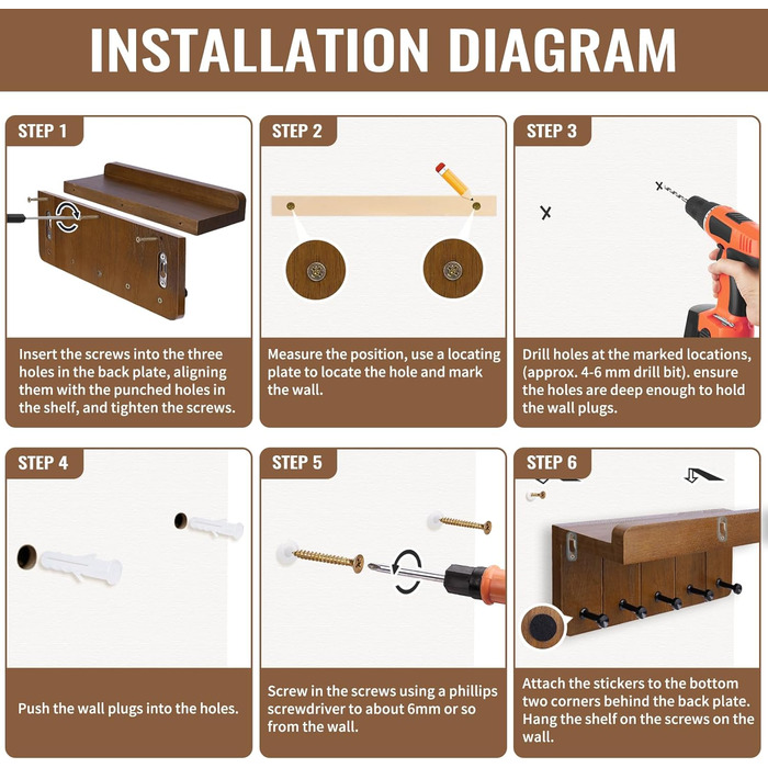 Дерев'яне ключниця з поличкою, ключниця на стіну з 5 гачками, декоративне настінне кріплення для ключів, підходить для прихожей, коридору, кухні, спальні (Темно-коричневий)