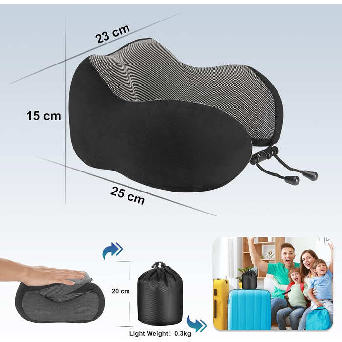 Подушка для шиї Eono з Memory Foam, ергономічна, для подорожей, з маскою для сну та навушниками, чорна