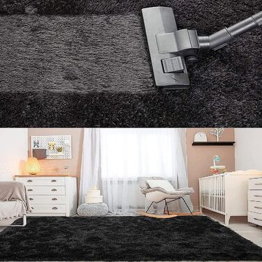 Шкіряний килим ABWXN з високим ворсом 120x160 см. Чорний, для вітальні та спальні