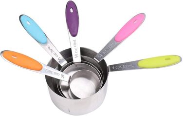 Набір мірних ложок Xingxinrong з нержавіючої сталі (5 мірних ложок + 1 кільце) з силіконовою ручкою, з гравіюванням шкали США та міжнародної системи, придатний для миття в посудомийній машині, аксесуари для приготування їжі та випічки для кухні