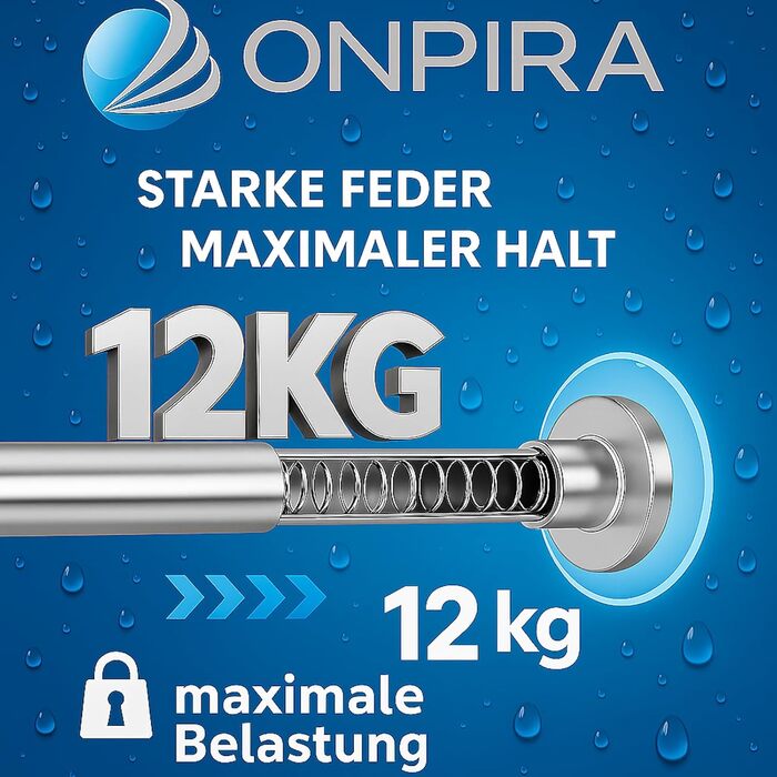 Дзеркальна штанга для душу Onpira® без свердління – нержавіюча штанга для штори для душу та гардини | 5 розмірів 40–230 см | 3 кольори: чорний, білий, нержавіюча сталь | Міцне кріплення до 12 кг, штанга 230 см