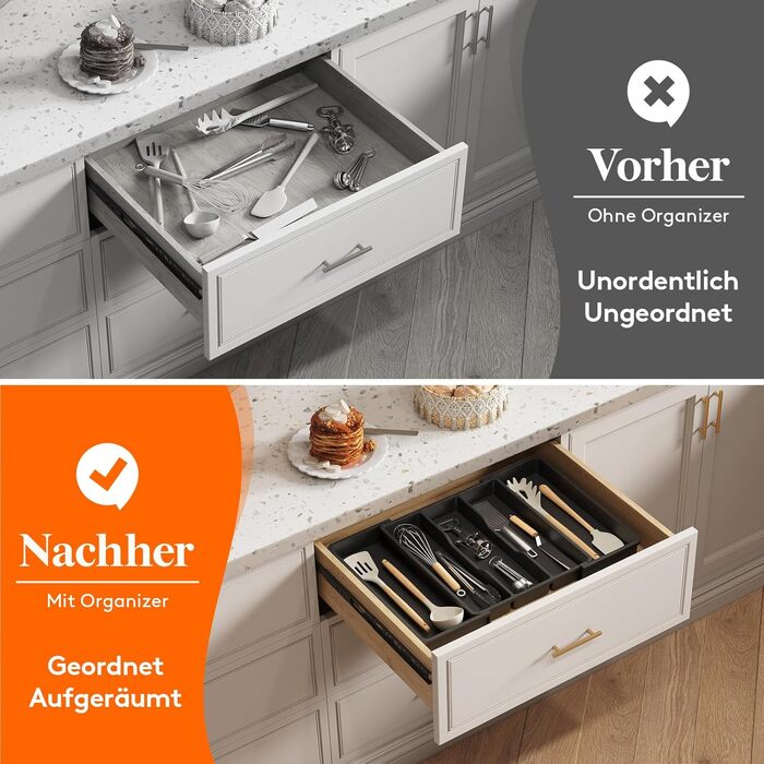 Органайзер для столових приборів Lifewit в шухляду, розширюваний 33-57 см, чорний, пластик, 38х5х38 см