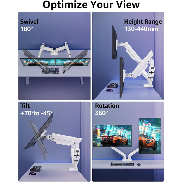 Кріплення для монітора ELIVED EV6012W: підставка для 2 моніторів (13-32 дюйми, 2-9 кг, VESA 75/100mm, регульована, білий)