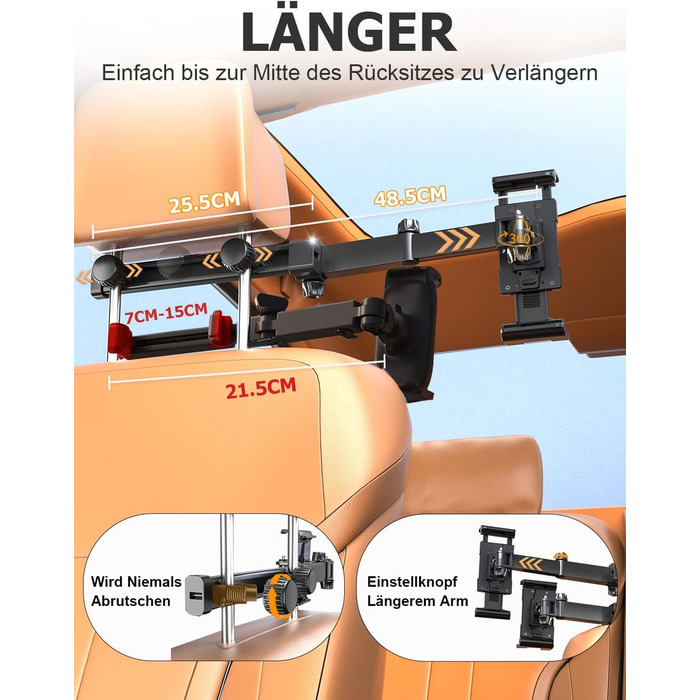 Утримувач для планшету в авто OHLPRO - розсувний, 48 см, універсальний, сумісний з iPad, смартфонами, Switch, з металевими кільцями