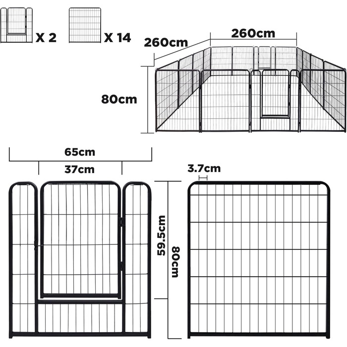Кія для собак, вольєр для цуценят 65x80 см, чорний металевий, для собак, котів, кроликів, внутрішній/зовнішній, 16 частин