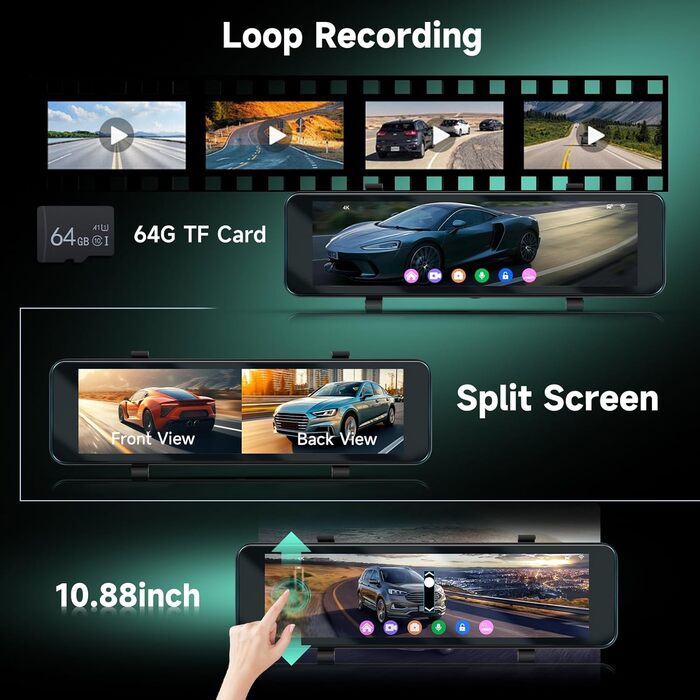 Дзеркало заднього виду з відеореєстратором Hodozzy 4K+1080P, GPS, ADAS, BSD, Wi-Fi, 10.88