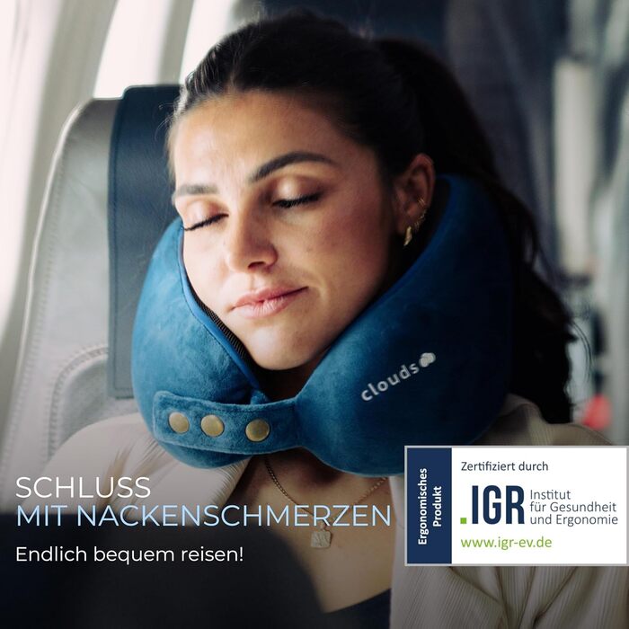 Подушка для шиї CLOUDS – регульована, з піною з пам'яті, для подорожей (літак, авто) – 2 розміри, дихаючий чохол, 5 кольорів (блакитний, L/XL)